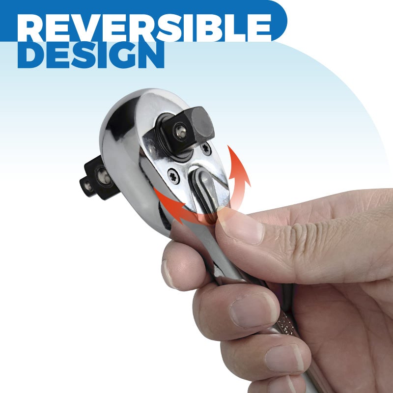 DER ERWACHTE 3-IN-1 Ratchet Handle  1/4""  3/8""  1/2""  Ratchet Wrench  Socket Wrench  72-Tooth  Reversible Switch  Full-Polished Chrome Plating  Chromium Vanadium Steel - Image 3